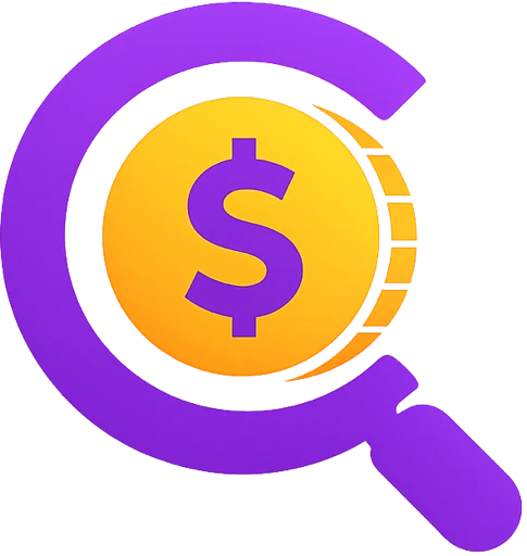 CreditCrunch logo. a purple magnifying glass observing a gold coin